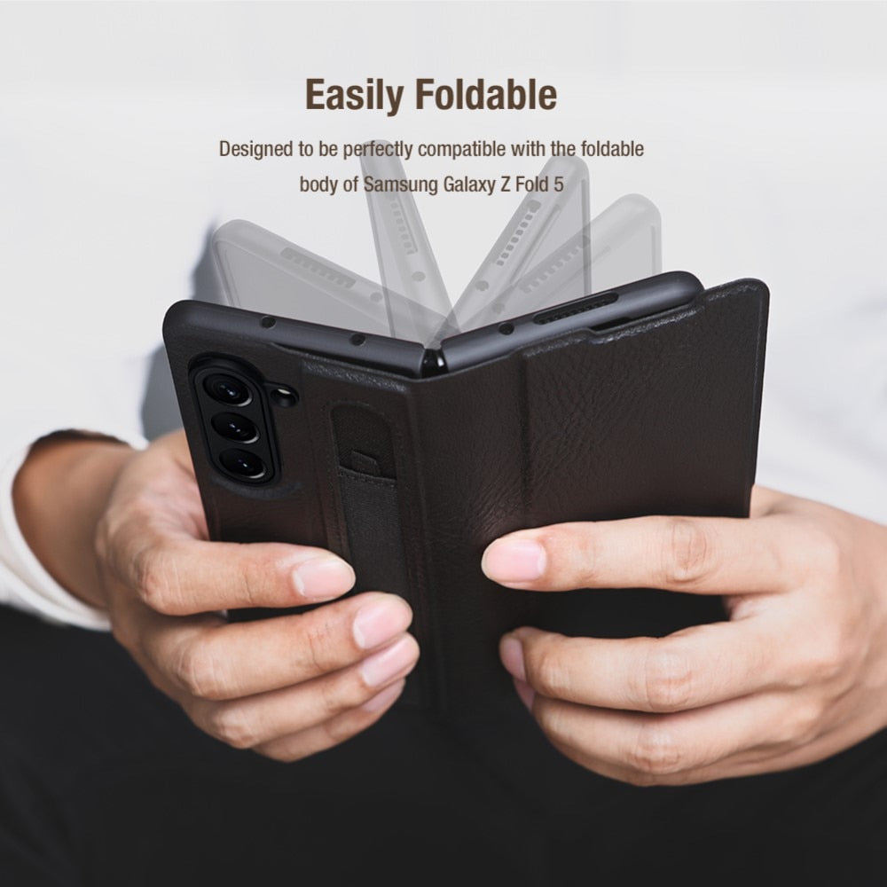 Z Fold 5 Leather Case with Pen Slot - Black