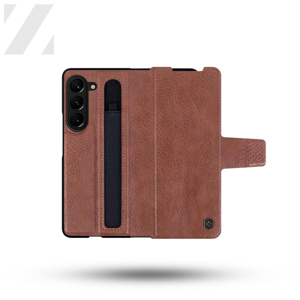 Z Fold 5 Leather Case with Pen Slot - Brown