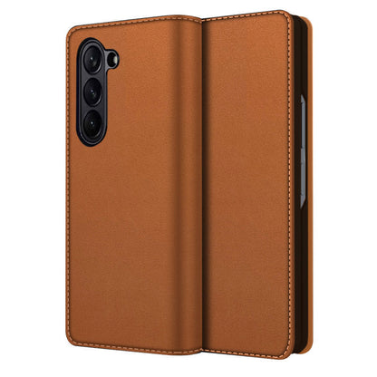 Z Fold 5 Genuine Leather Wallet Case - Cognac