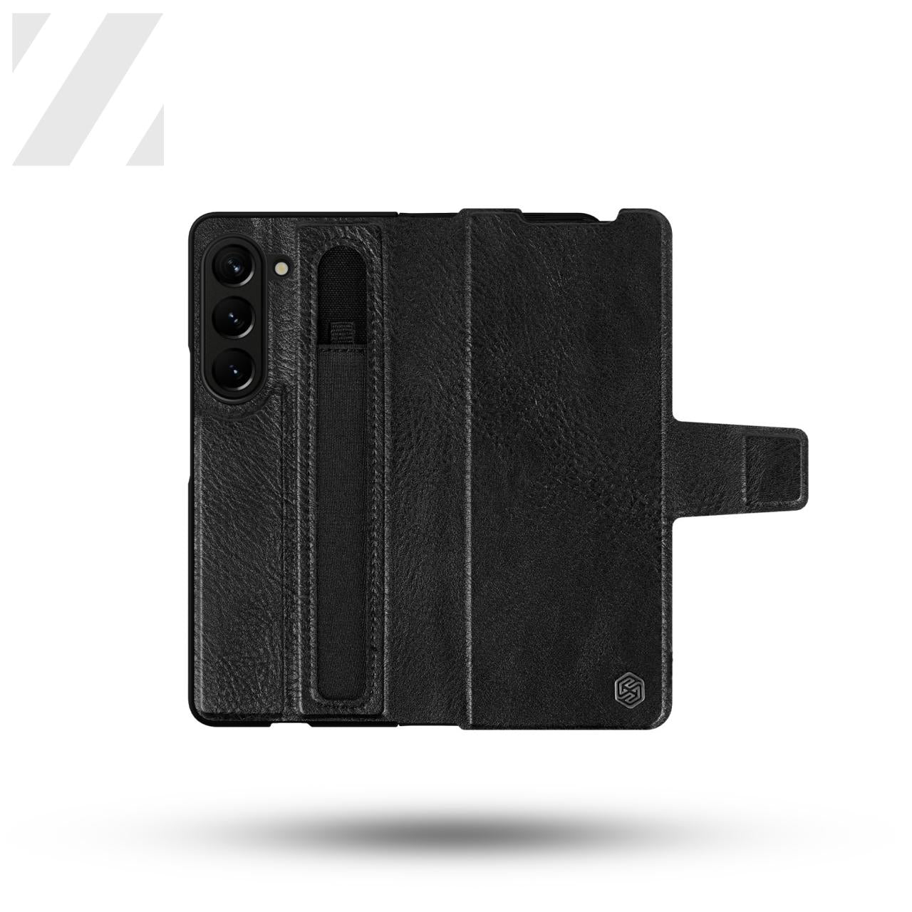 Z Fold 5 Leather Case with Pen Slot - Black